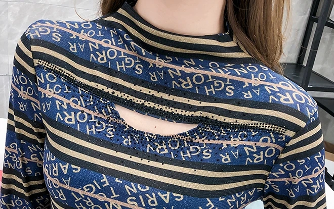 

Fall Winter European Clothes T-shirt Sexy Hollow Out Mesh Diamonds Women Tops Ropa Mujer Long Sleeve Stretchy Tees New T08715L