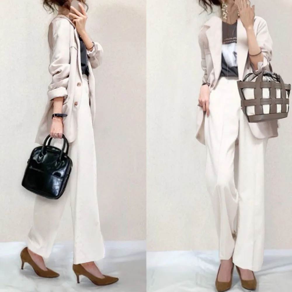 

Two Piece Sets Coat And Pants 2020 New Style Notched Lapel Mid-Length Casual Style Suit Spring Summer Fall Button Womens' Suit