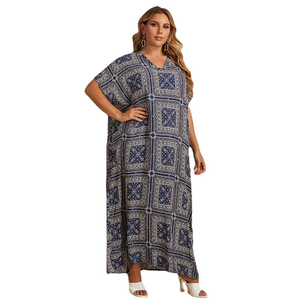 

Женское длинное платье, свободное богемное Платье макси с V-образным вырезом и принтом в клетку, T8078, размера плюс