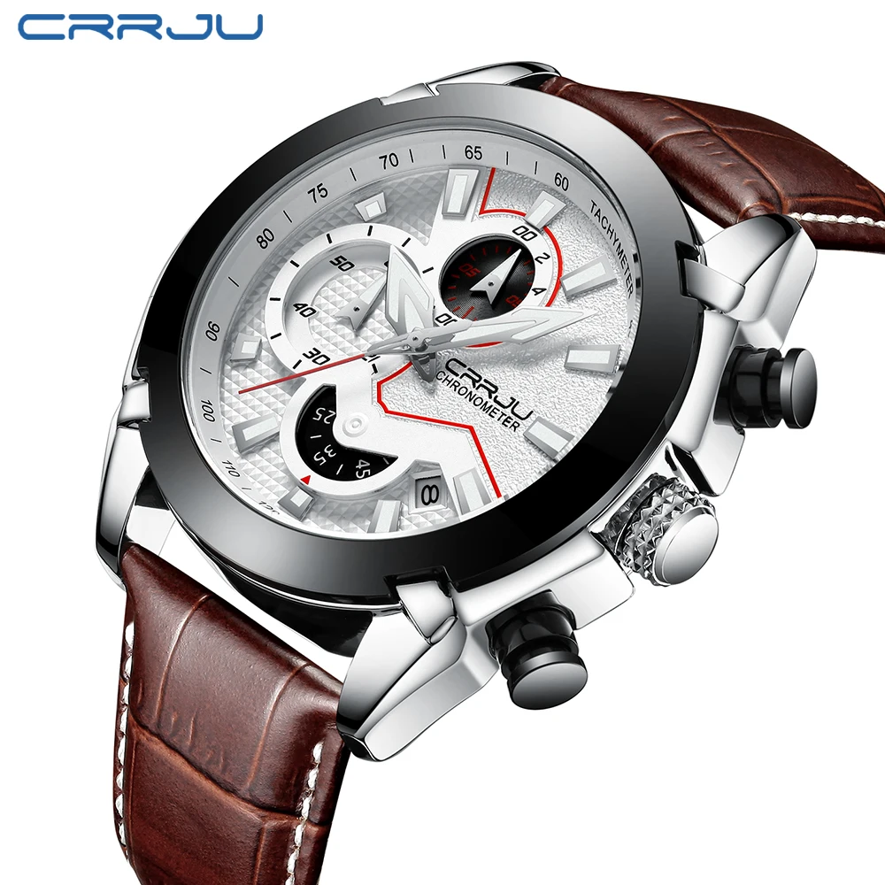 CRRJU Quartz Watch Men Watch 2019 new  Automatic Date Large dial Men Sport men watch  Relogio Masculino Leather Top Luxury Brand