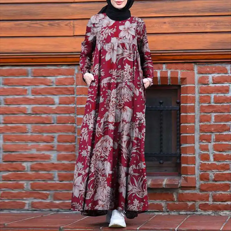 Платье ZANZEA женское мусульманское с длинным рукавом, винтажный Макси Сарафан с цветочным принтом, в стиле ретро, Дубай, Абая, Турция, хиджаб, о...