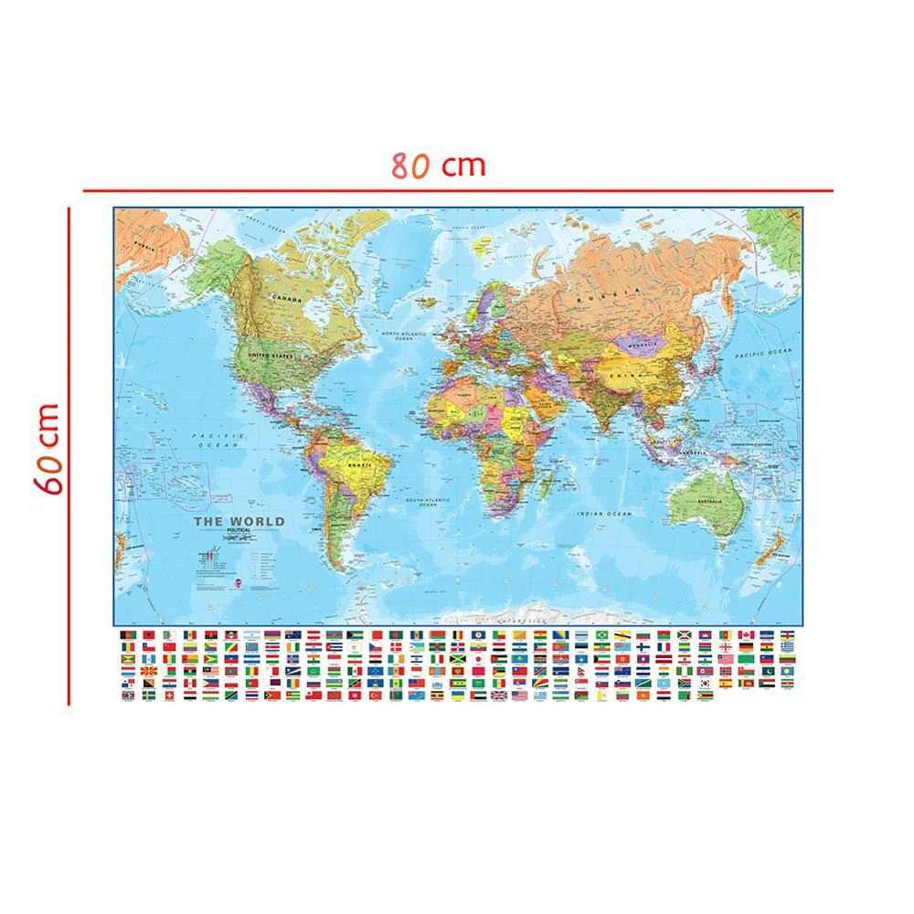 

60x80cm The World Political Physical Map Foldable No-fading World Map With National Flags For Culture And Travel