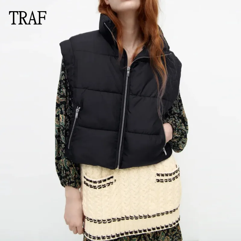 

TRAF Autumn Winter Women Vest Coat 2021 Fashion Warm Sleeveless Jacket Lapel Warm Waistcoat Female Casual Outerwear Chic Top