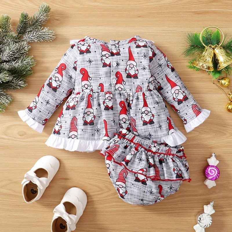 Long Sleeve Christmas Baby Dress Set Ruffle Toddler Girl Outfit Bow Princess Dress Santa Claus Print Bloomers Shorts Party Dress