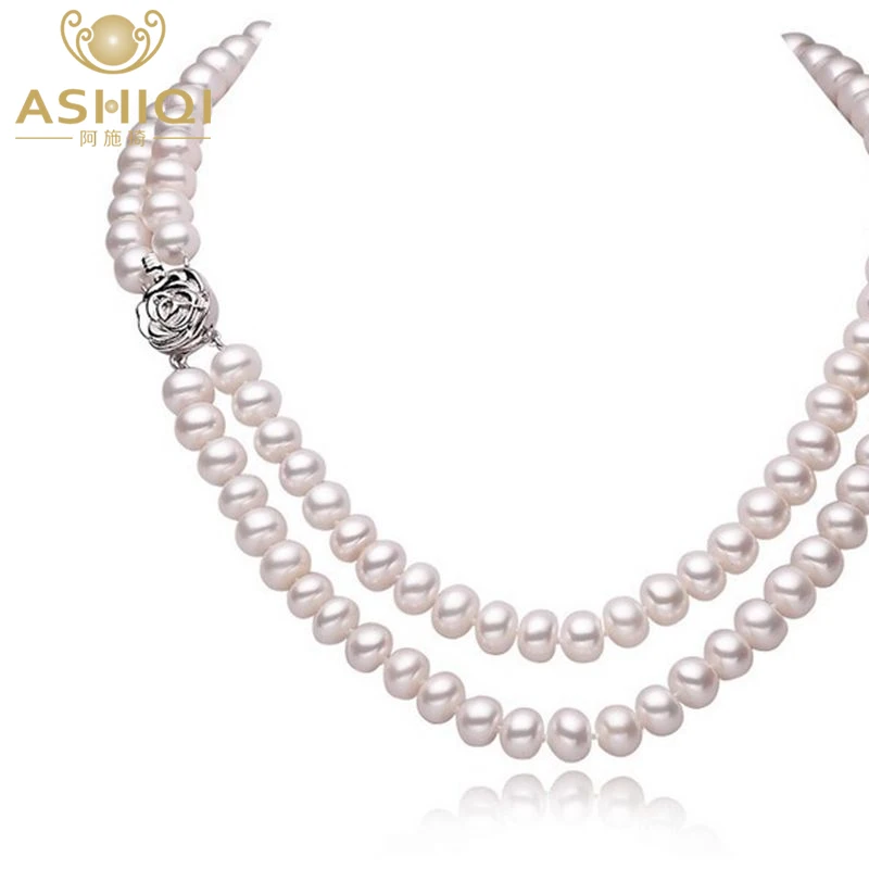 

ASHIQI Real Natural Freshwater Pearl Necklaces For Women 2 Rows Pearls Jewelry Mother's GIFT