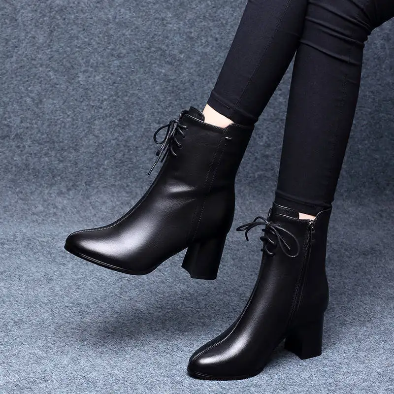 

Women Winter PU Leather Short Martin Ankle Plush Boots Ladies High Hoof Heels Faux Suede Pointed-toe Zip Warm Pumps Snow Bootis