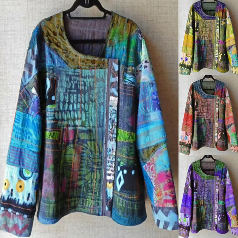 

S ~ 5XL Женские повседневные топы с u-образным вырезом в этническом стиле, туника с длинным рукавом, блузка, США