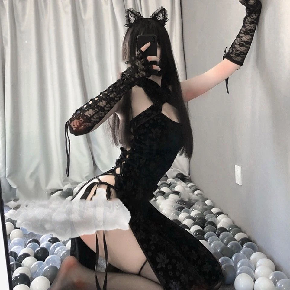 Retro Cheongsam UniformHigh Slit Chinese Sexy Underwear Lingerie Qipao Dress Female Embroidery Erotic Dresses Costume | Тематическая