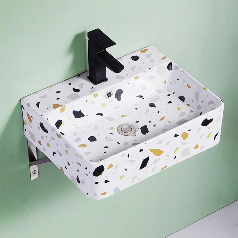 

Современная Минималистичная настенная керамическая раковина, простая квадратная раковина, умывальник для балкона, ванной комнаты с имитац...