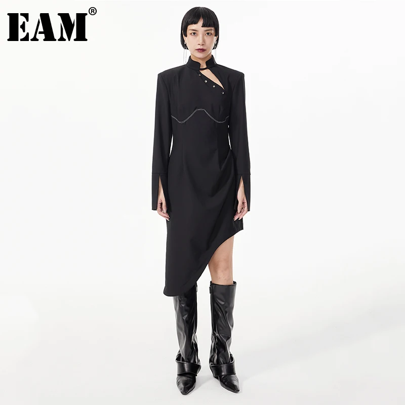 

[EAM] Women Black Hollow Out Irregular Midi Dress New Stand Collar Long Sleeve Loose Fit Fashion Tide Spring Autumn 2022 1DE2563