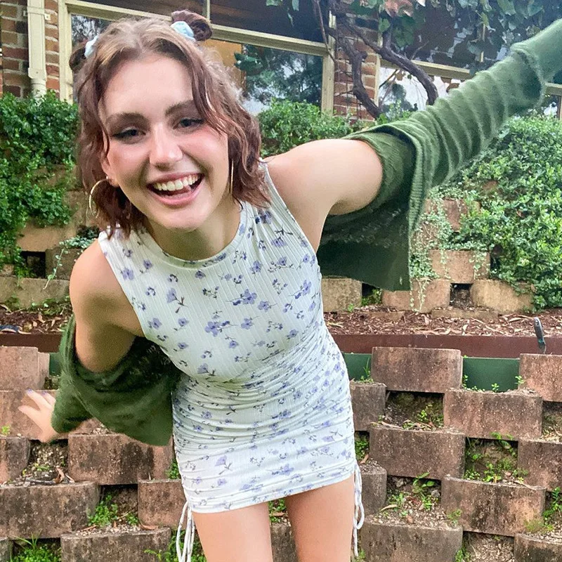 

Sexy Bodycon Floral Printed Mini Dress Elegant Elastic Draw String Ruched Maxi Dresses for Women Summer 2021 Ladies Casual Dress