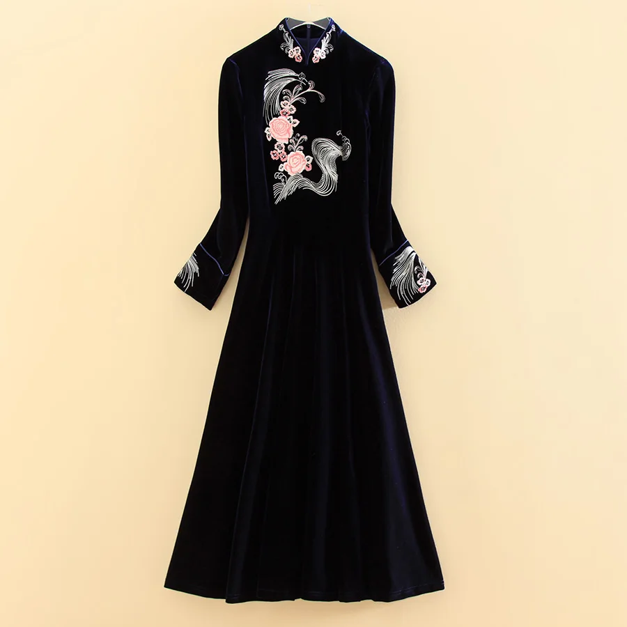 

Женское бархатное платье Qipao с цветочной вышивкой в китайском стиле, роскошное платье Чонсам на осень, S-XXXL