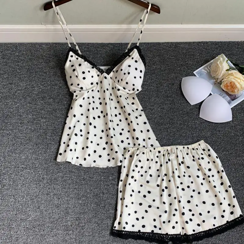 

Пижамный комплект Женский, пикантный пижамный комплект в горошек на бретелях-спагетти, одежда для сна, шелковая атласная ночная рубашка, Повседневная Домашняя одежда, весна-лето