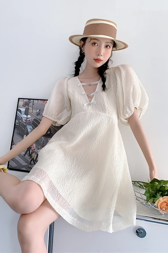 

ZCSMLL V-neck French dress 2021 new summer princess dress a-line puff sleeve gentle vintage women dress fashion tide
