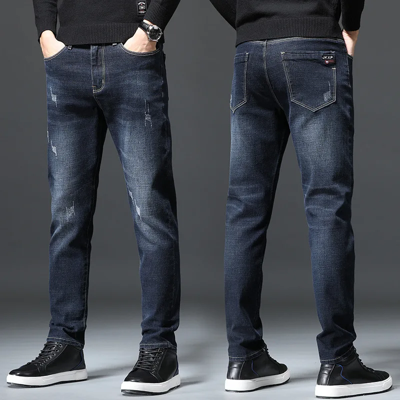 

Men's Retro Blue Jeans Men's Autumn Winter Business Casual Straight Denim Pants High-quality Stretch Thicken Designer Jeans