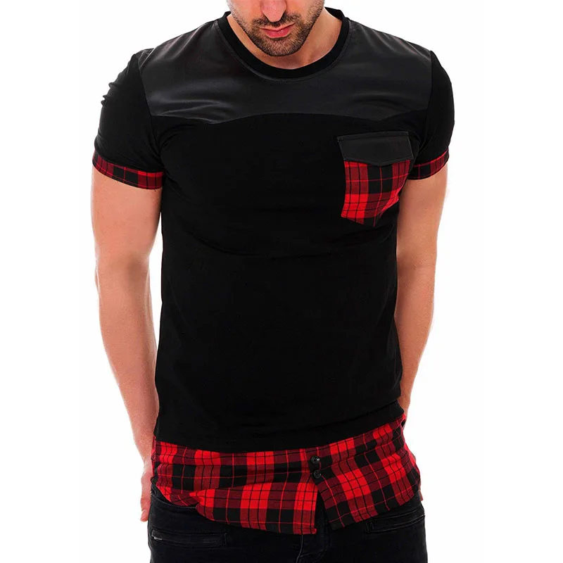 IceLion 2021 Summer Plaid Patchwork T Shirt Men Fashion Fake Two Pieces T-shirt Casual Tops Men's Short Sleeve Slim Fit Tshirt | Мужская