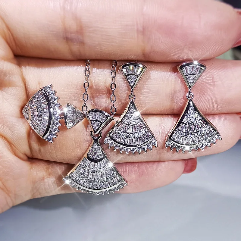 

Three-dimensional design inlaid crystal triangle ring earrings necklace set exquisite and elegant light luxury women's jewelry