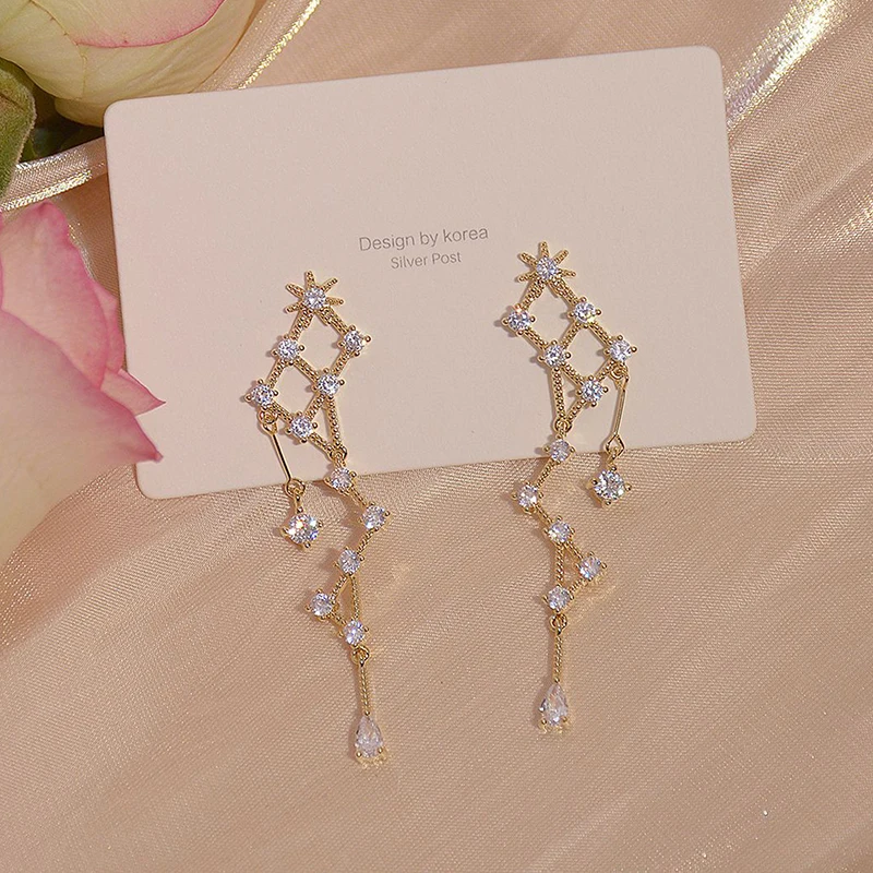 

Cute Romantic Big Dipper Shape Tassel Earring for Women 14K Real Gold AAA Zirconia Drop Earrings Wedding Jewelry for Bridal