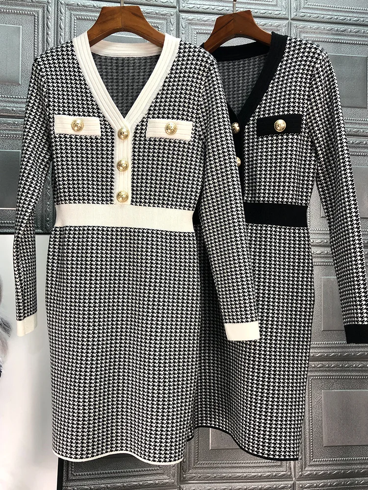 

2020 autumn winter women color block geometric sexy sheath dress long sleeve button front knitted sweater wool dresses black