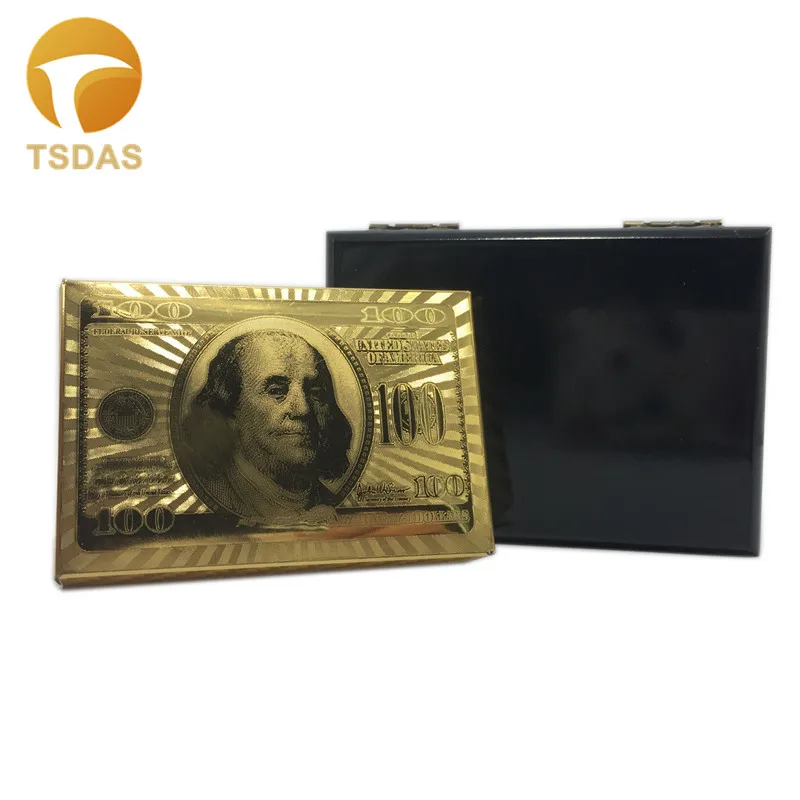 Wholesale Gold Plated 100 Dollar Custom Playing Cards 999.9 Foil With Wooden Box Souvenir | Дом и сад