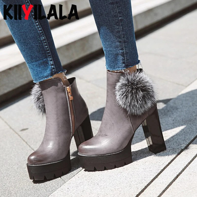 

Kiiyilala Real Fur Platform Boots New Side Zipper Solid Color Women Shoes 10cm High Hees Short Plush Warm Ankle Boots Size 33-48