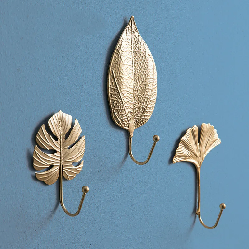 Nordic Wall Hooks for Hanging Clothes No-punch Wall Hanger Coat Key Hook Iron Art Wall Decorations Golden Leaves home storage
