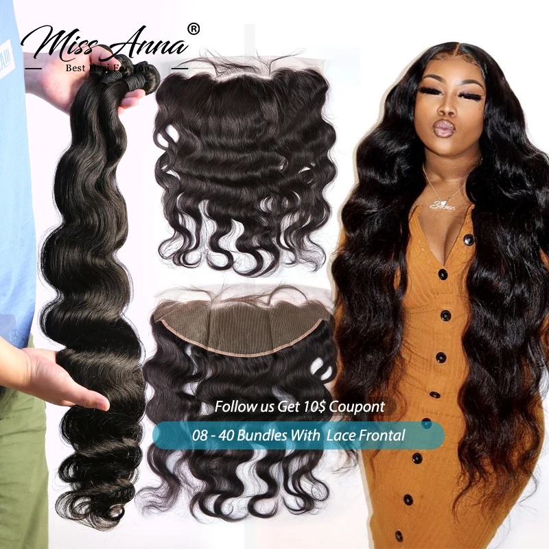 MissAnna 30 32 34 36 38 40 Inch Brazilian Human Hair Bundles With Frontal and Closure Body Wave Bundles With 13x4 Lace Frontal