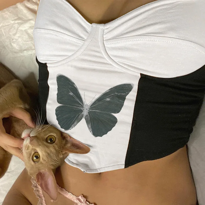 Женский укороченный топ с принтом бабочки MONMOIRA облегающий открытой спиной