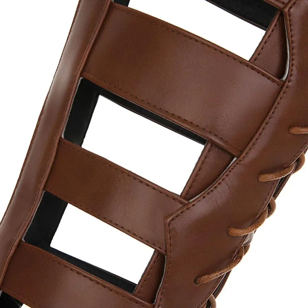 

Kickway knee high boots pointed toe lace up sexy summer boots for women black bottes femme cut-outs pu leather med heels size 46