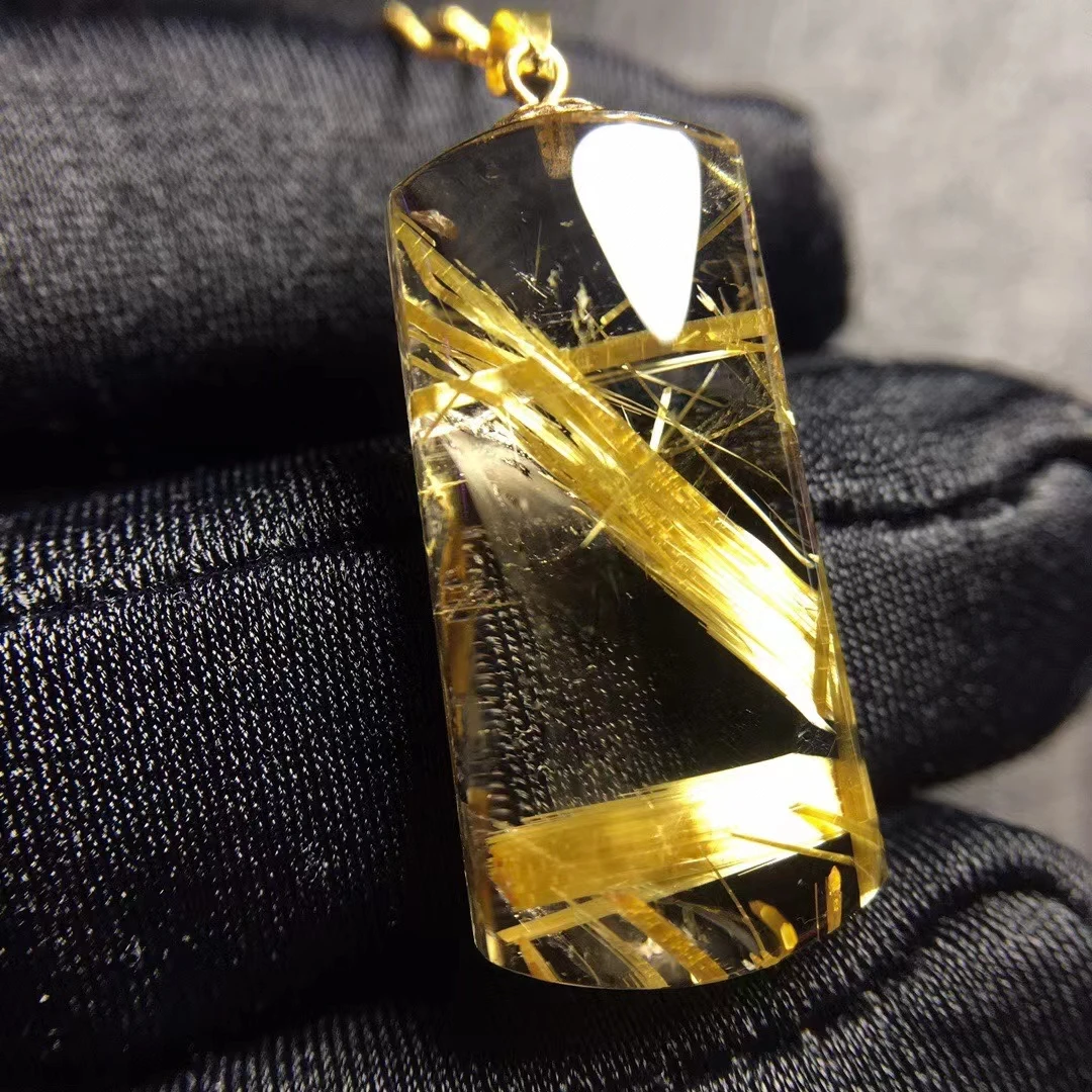 

Genuine Natural Gold Rutilated Quartz Titanium Barrel Pendant Gemstone 25.8*12.5*7.8mm Crystal necklace AAAAA