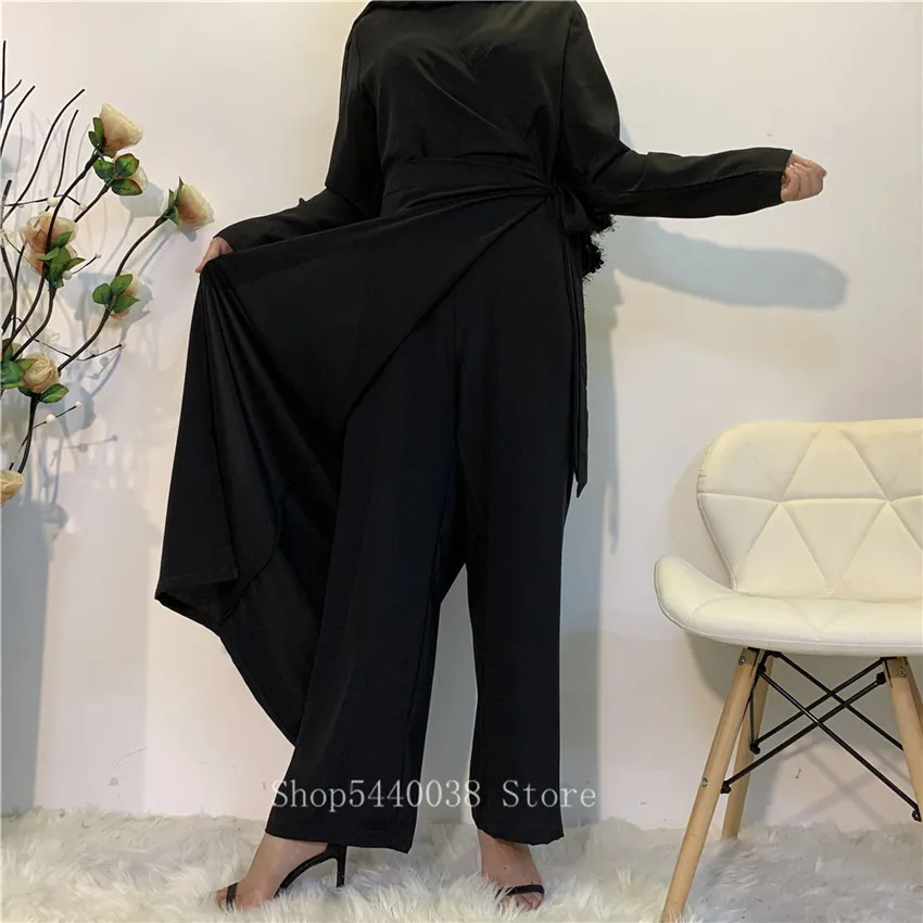 

Muslim Fashion Eid Mubarak Abayas for Women Jumpsuit Islamic Bandage Abaya Dress Dubai Turkish Arab Dubai Solid Kafatan Pure Set
