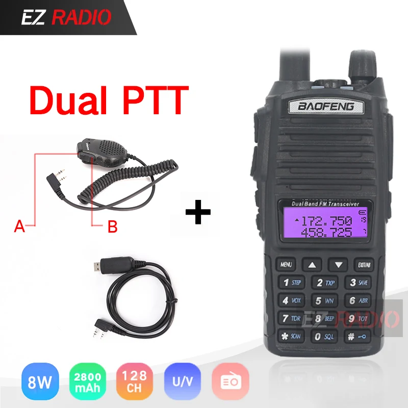Апгрейд 8 Вт BaoFeng UV-82 портативное радио 10 км Baofeng UV 82 высокая 8 Вт рация 10 км Baofeng UV82 хорошо как Baofeng uv-9r - Цвет: Add 2PTT Mic-Cable