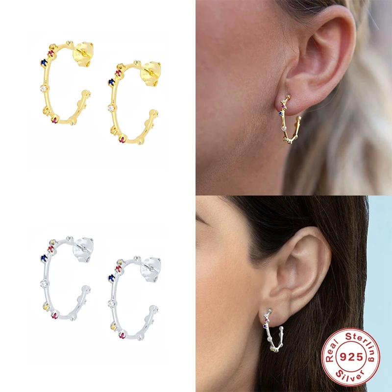 

Aide Luxury S925 Sterling Silver Rainbow Zircon Piercing Stud Earring For Women Girl Colorful Crystal Fine Earrings Pendientes