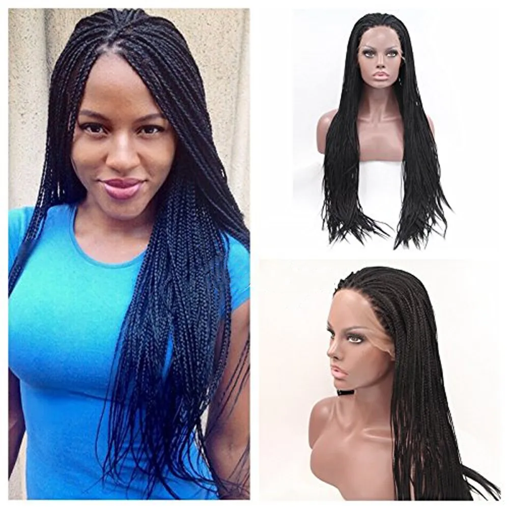 Long Black Ash Pink Ash Purple Braided Wig Box Braids African Cornrows for Black Women 13*4 Lace Synthetic Lace Front Wig 26