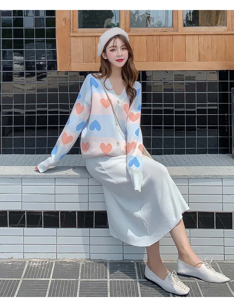 Autumn Winter Women Elegant Love Heart Knitted Cardigan Sweater+High Waist A-Line Skirt 2 Piece Set Loose Knitted Midi Dress Set
