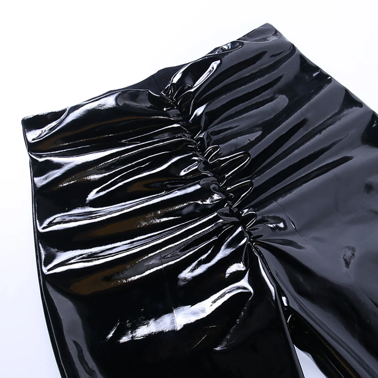 

Women Pink Faux Leather Stacked Pants Side Split Ruched Mid Waist Pencil Pants Autumn Women Clothing Bodycon Party Trousers