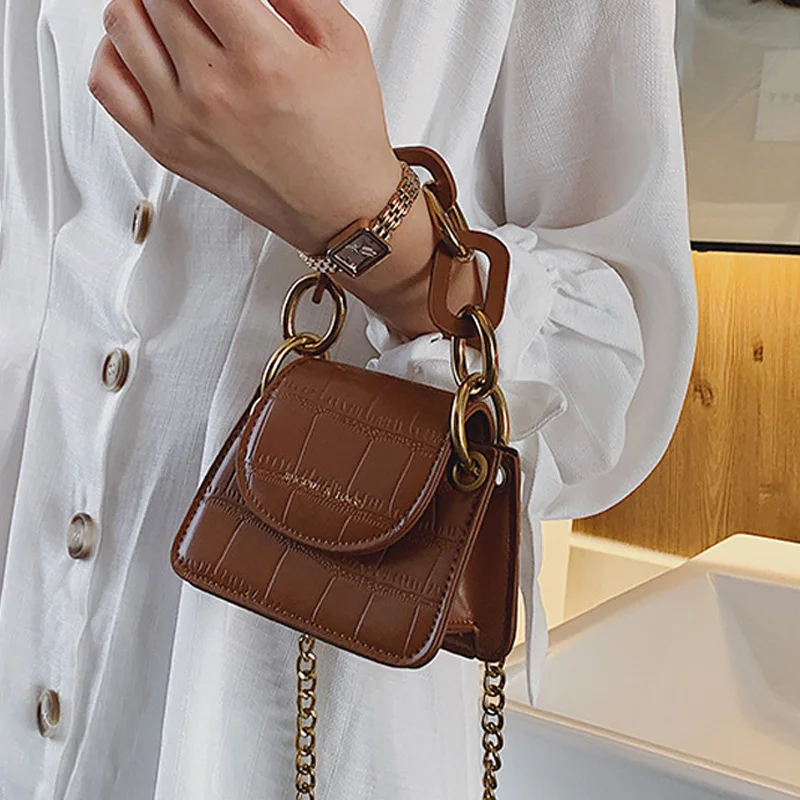 Каменный узор из искусственной кожи сумки через плечо для женщин толстая цепочка