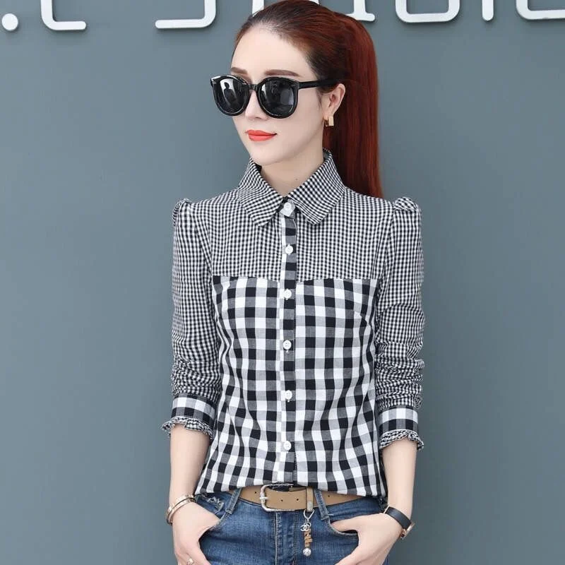 

Spring New Plaid Shirt Women's Long-Sleeved Shirt Stitching fafa_ootd
