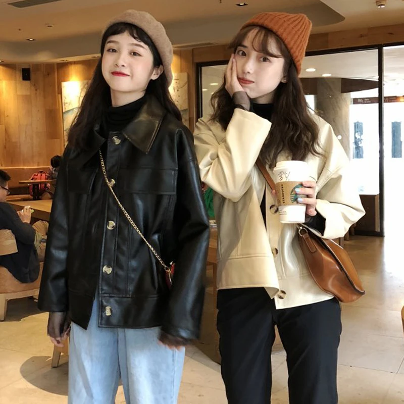 Куртка женская из искусственной кожи осенняя черная свободная 2020 | Женская