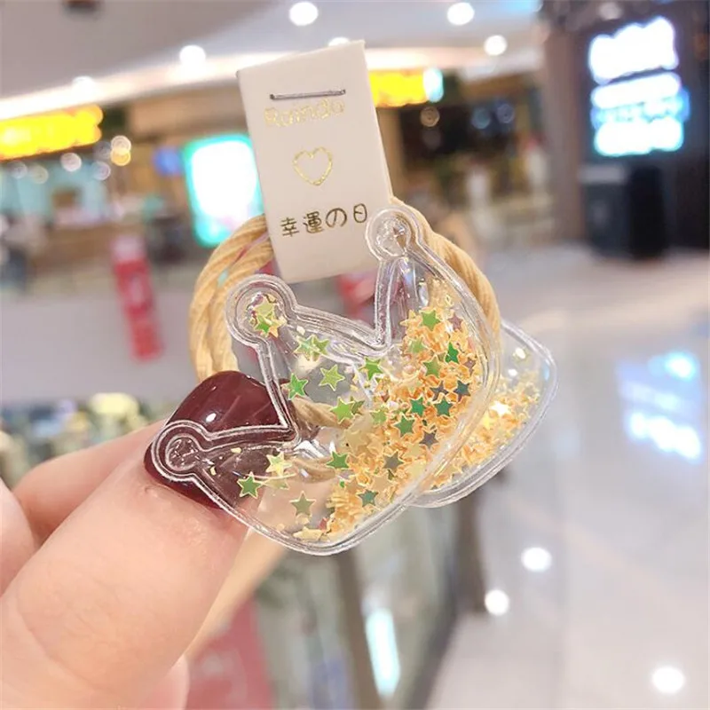 Yellow Crown New Cute Crown Star Quicksand Scrunchies Children Girls Kids Elastic Hair Rubber Band Accessories Tie Hair Ring Rope Holder - Color: Yellow Crown
