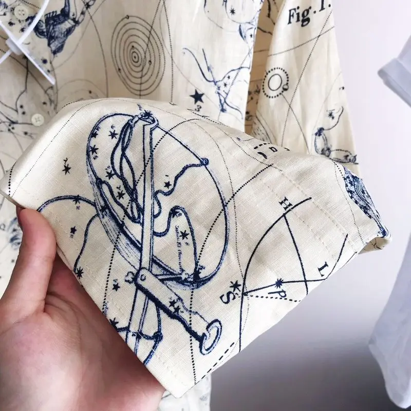 

Women Shirt Constellation Print Long Sleeve Turn-down Collar 2021 Spring Summer Female Loose Blouse