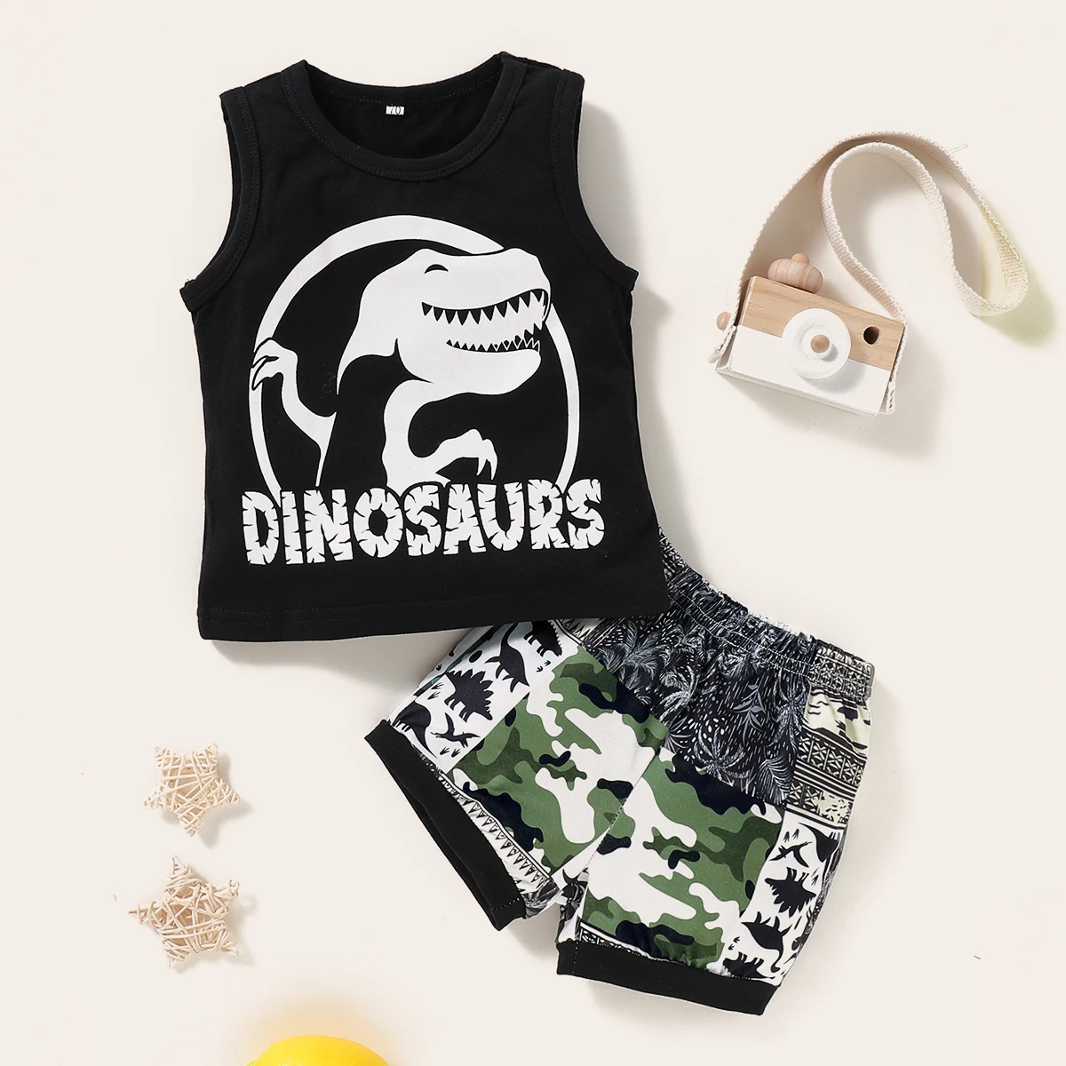 

Dropshipping Baby Boy Clothes Set Summer Toddler Infant Outfit Sleeveless O Neck Top Camo Shorts Dinosaur Print Clothing