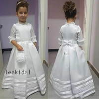 vintage white a line satin flower girls dresses simple half sleeve lace appliques first holy communion dress with bow
