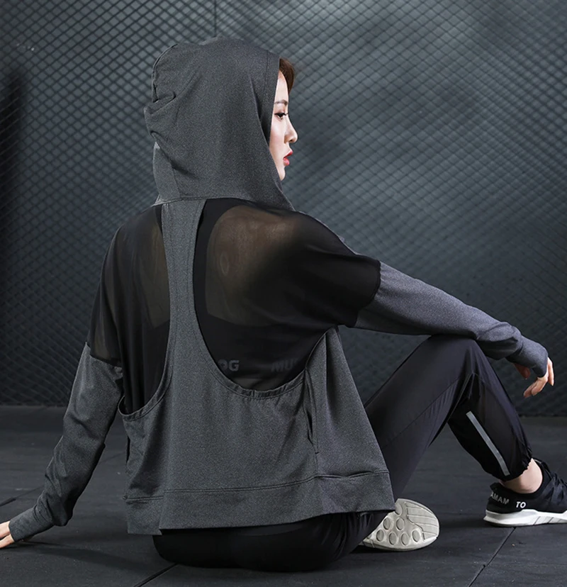 Женская Спортивная кофта с капюшоном длинным рукавом для йоги фитнеса