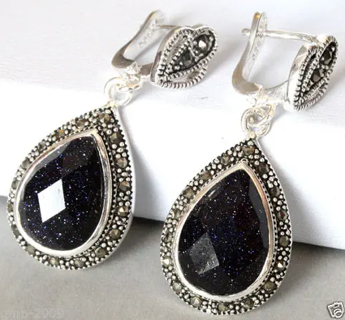 

925 Sterling Silver Jewelry Natural Blue Sand Stone Marcasite Drop Earrings