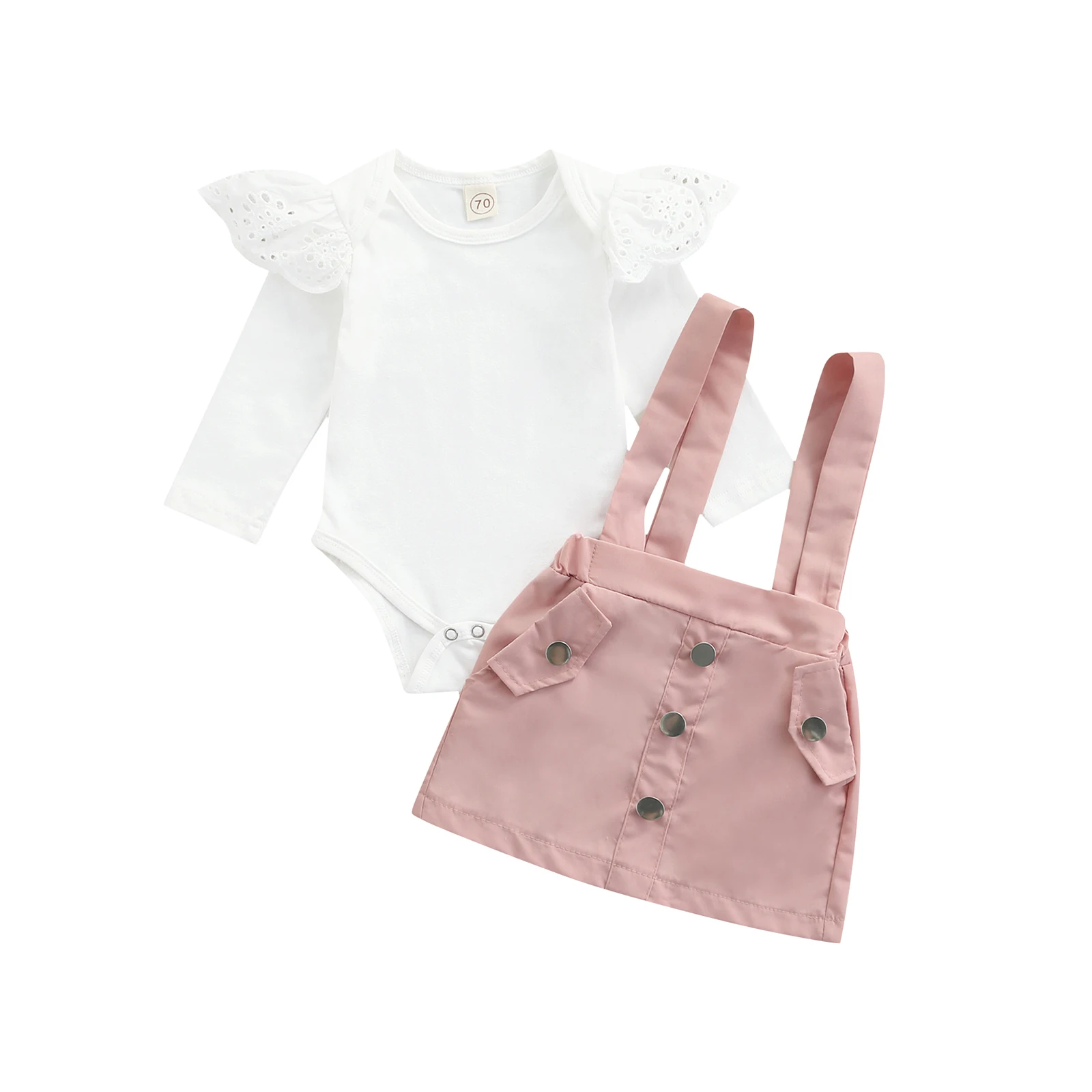 

Lovely Baby Girls Two Piece Autumn Cotton Suit Fashion Solid Color Ruffles Long Sleeve Bodysuit and Button Suspender Skirt