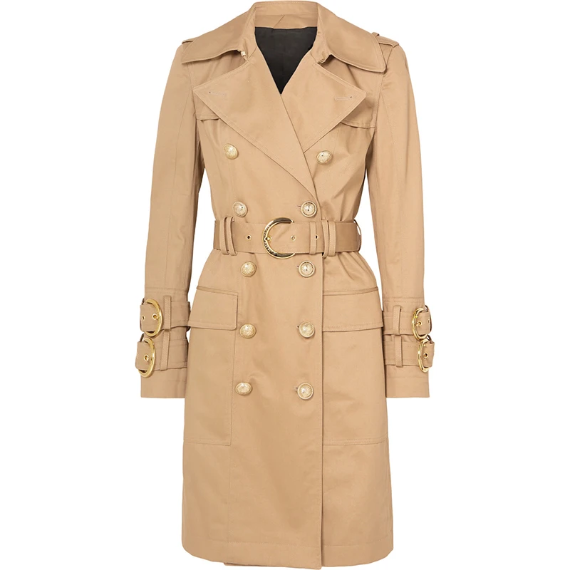 

2021 Fall Winter Designer Fashion Women's Elegant Double Breasted Lion Buttons Belt Trench Coat