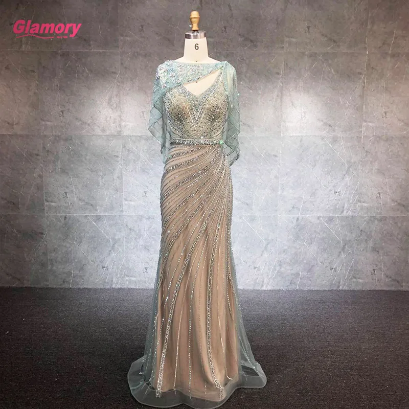 

2021 New Fashion Beading Evening Dress Mermaid V Neck Sexy Party Wear Gown With Cape For Women