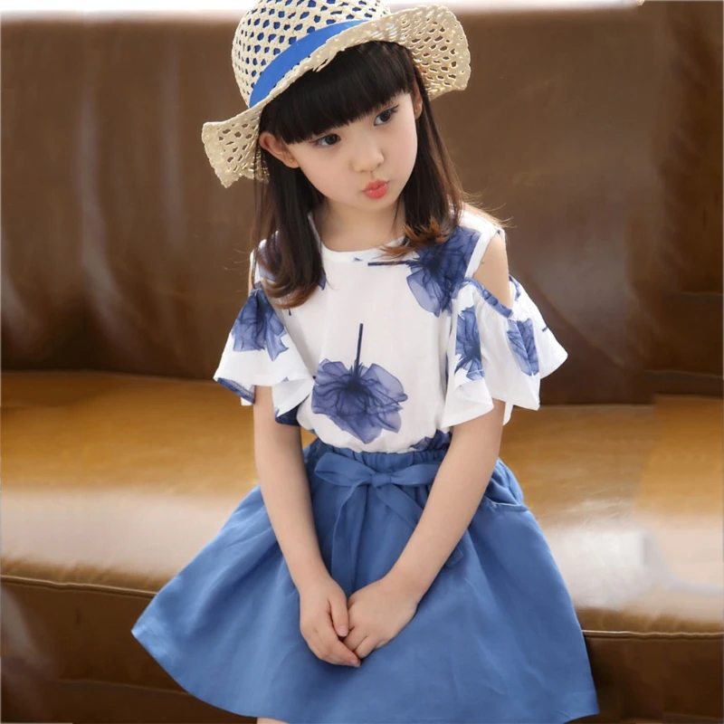 

Комплект для девочек из двух предметов, летний топ с коротким рукавом и круглым вырезом + юбка N7ME