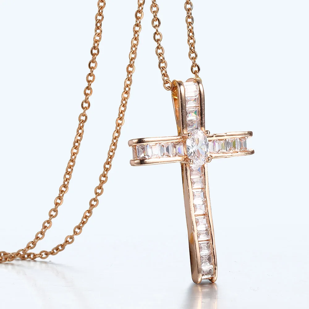 Хрустальная циркониевая модная подвеска крест 585 розовое золото ожерелье для
